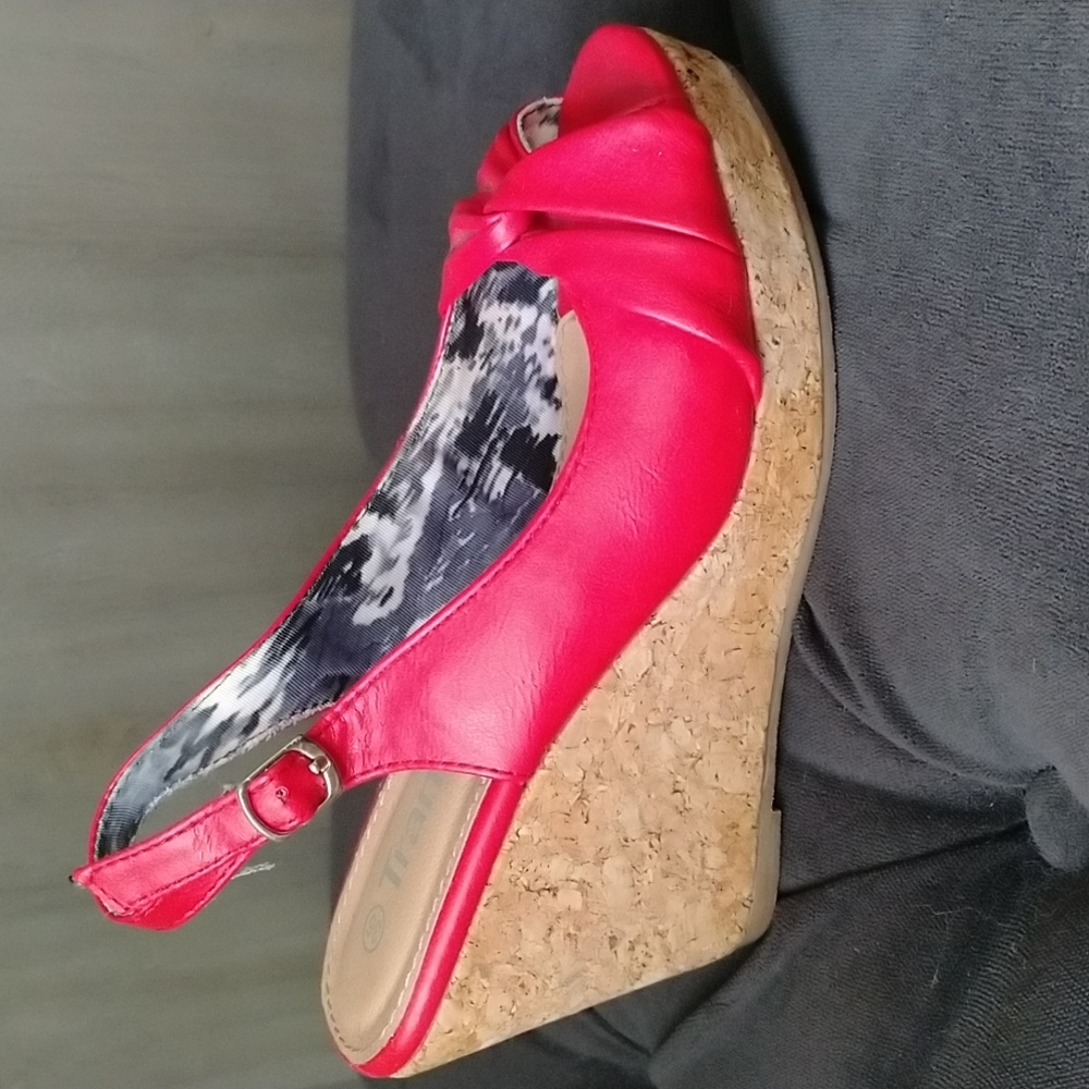 Red high heeled wedge sandals
